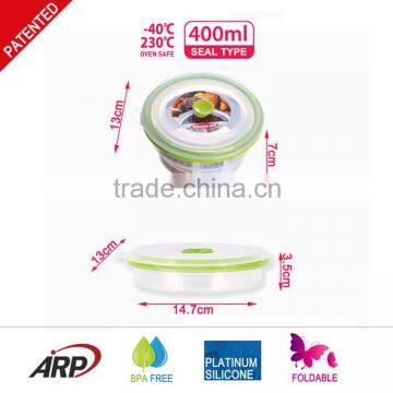 400ml Round Foldable Silicone food storage with silicone lid Non-stick BPA FREE FDA LFGB DGCCRF