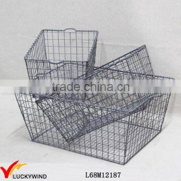 Vintage Gray Stackable Industrial Metal Wire Crates for Storage