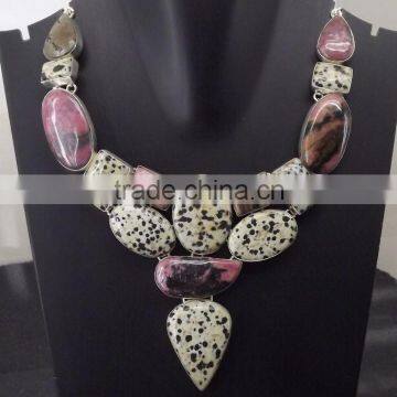 Rhodonite Jasper, Panther Jasper Necklace plated 925 Sterling Silver 109 Gms 18-20 Inches