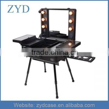 Rolling aluminum makeup organizer, black diamond rolling lighted makeup case ZYD-HZ012806