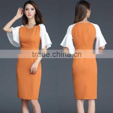 Color Contrast Puff Sleeve Waist Dress For Women Slim Dresses Cocktail Factory Supplier