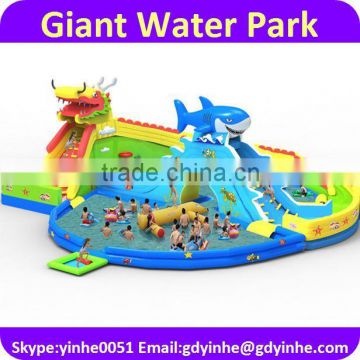 2016 funny inflatable commercial shark water park for adult, inflatable pools with shark slide