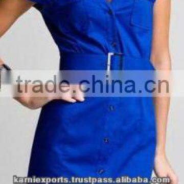 Women Cotton Polyester fabrics made blue casual dresses / Cap sleeves & front open dress & blouses