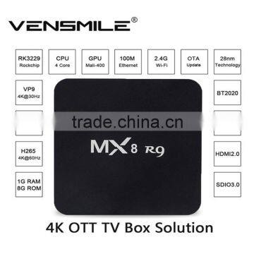 Newest MX8 R9 RK3229 Quad Core Android TV Box 1G/8G WiFi 4K H.265 10Bit KODI 15.2 Smart TV Box