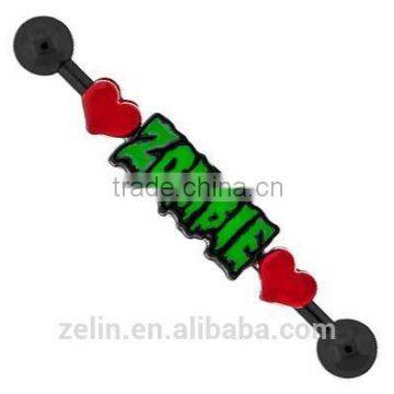 Fashion zombie logo with heart stainless steel industrial barbell body piercing jewelry