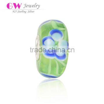 Handmade Fresh Green Color Blue Flower Murano Glass Beads Silver Charms Fit Bracelet