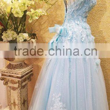 Free Shipping Real Sample Light Blue Beading Evening Dresses 2016 Crystal Flower Applique Open Back Bow Sash Party Gown ML183 photo-4