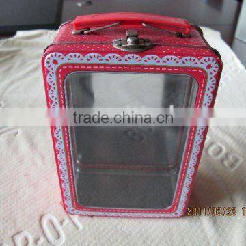 rectangular large size185*125*75mm red plastic handle with clear widnow tin box