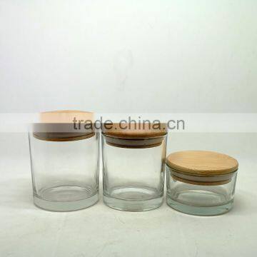 Wholesale flat bottom glass candle jars with sealed bamboo lids