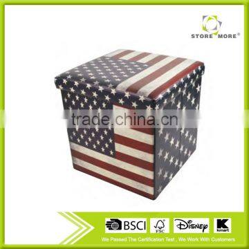 Faux Leather Folding Storage Ottoman with U.S.Flag Footrest Coffee Table