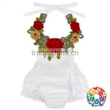 Wholesale Solid Color Ruffle Halter With Embroidery Flower Romper Baby Cotton Jumpsuit