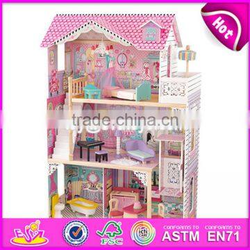 New style girls pretend play miniature wooden dollhouse toy with 16 pieces furniture W06A220