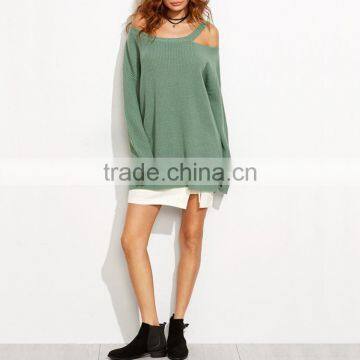 Sexy Knitted Pullover Sweater Women Long Sleeve Asymmetric Cold Shoulder Long Sweater photo-2