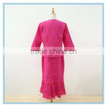 Linen Fabric Floral Embroidery Monogram Scallop Church Suits For Lady photo-3