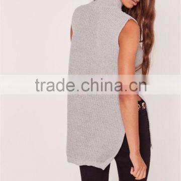 Plain Sleeveless Women Knitwear Sweater With Split Hem Choker Neck Chunky Tunic Grey photo-2