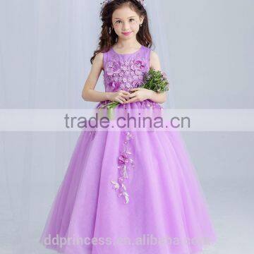 New Arrival Violet Ball Gown Tulle Girls Long Wedding Dress Sleeveless Embroidery Flower handmade Beaded Purple Prom party dress