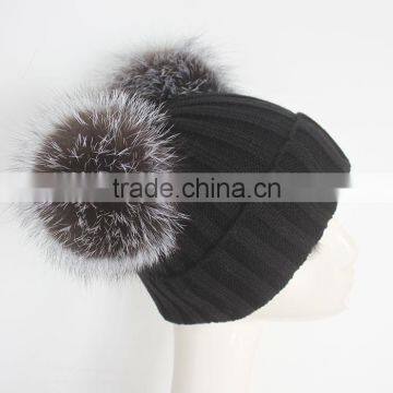 Myfur Black Double Silver Fox Fur Pom Puff Knitted Funny Cute Beanie Hats photo-4