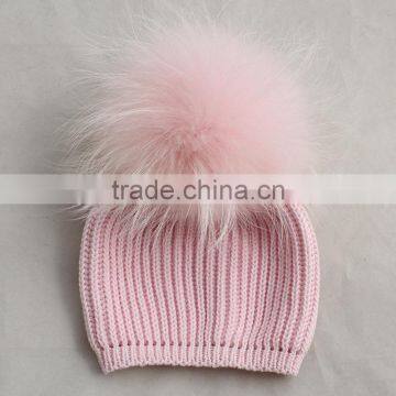 Myfur Baby Pink Striped Pattern Knitting Hat With Real Raccoon Fur Bobble photo-4