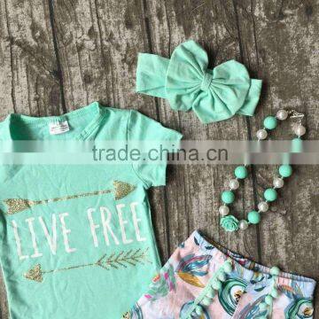Baby Girls Summer Clothes Girls Children LIVE FREE Girl Outfits Kids Arrow Outfits Mint Top With Shorts With Accessories photo-3