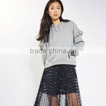 2017 Oem Spring Long Sleeves Solid Color Pretty Ruffle Grey Marl Hoodie photo-6