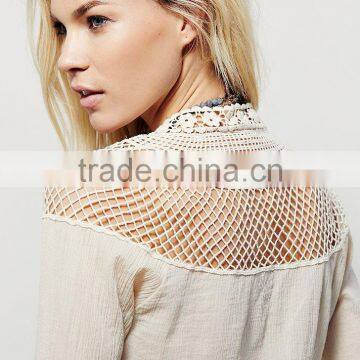 2016 Guangzhou Shandao Manufacturer New Fancy Women Autumn Long Sleeve Net Shoulder White Cotton Plain Blouse Designs photo-5