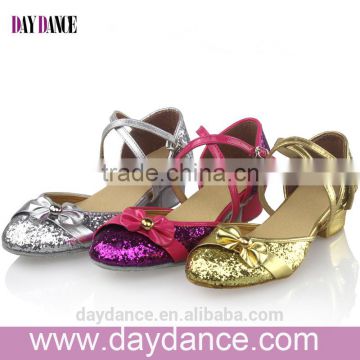 Child Kid Sequin Ballroom Latin Dance Shoes Girls Bowknot Low Heel Colorful Closed Toe Shoes