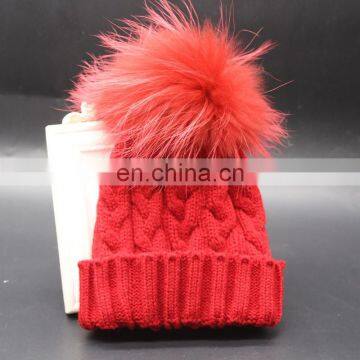 Hot promotional high quality red real fur pompom knitted hat kids