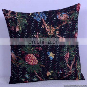 Black Bird Floral Kantha Indian Cotton Handmade Cushion Cover Kantha Throw Pillow Cover Hande Quilted Decorative Cushion Cover