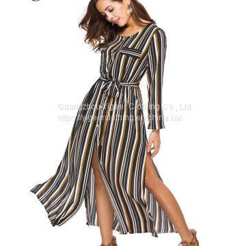 Long Sleeve Buttons Down Striped Waist Band Long Shirt Dress