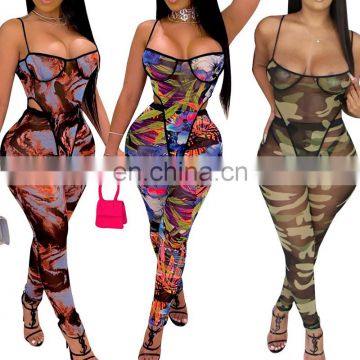 Women Fashion Holiday Beach Wear Multicolor Printed Sexy Strapless Sleeveless Bodysuits Skinny Bodycon Leggings Two Piece Sets