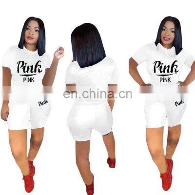 Brand Pink Print Fitness Shorts Set Tracksuit Women Clothing 2 Pcs Set Sweatsuit Woman Short Tshirts Plus Size Two Piece Outfits photo-2