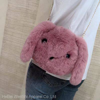 015Wholesale fashion plush cute rabbit shaped bag ladies single shoulder chain faux fur purse for women