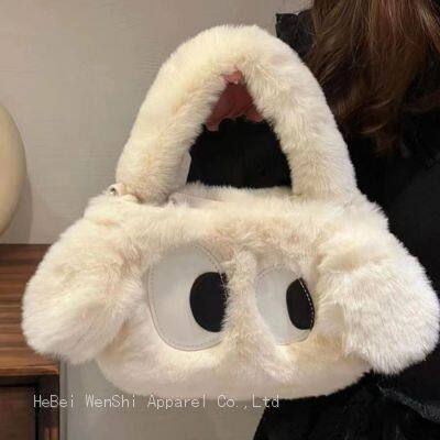 021China wholesale plush big eyes puppy fur bag all match handbag female cute girl crossbody bag2023