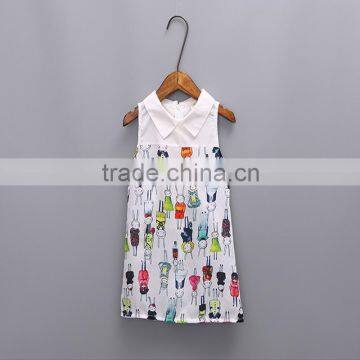 Cute stiff collar children dress cartoon pattern baby girl frock kids sleeveless one-piece gown