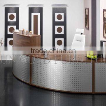 Modern Chinese factory wholesale and High Quality Curved Stainless Steel and Wood Office Table,Office Reception Desk (SZ-RT042)