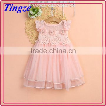 New arrival flower bowknot decorated gauze lace dress wholesale beautiful girls puffy dresses for kids