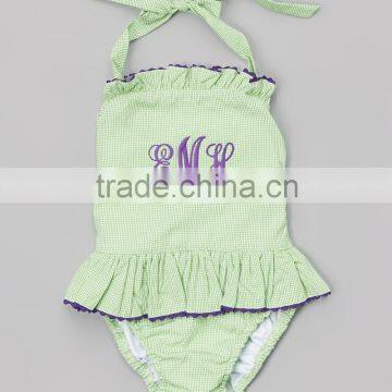 Children baithing suit seersucker one piece swimsuit OEM ODM Baby gingham ric rac check bodysuit