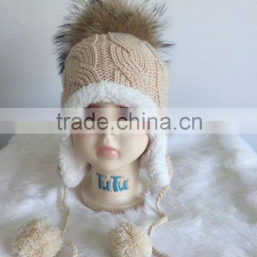 Hot sale Cute Fashion Knit Kids Hats Fur Pom Pom Crochet Baby Hats