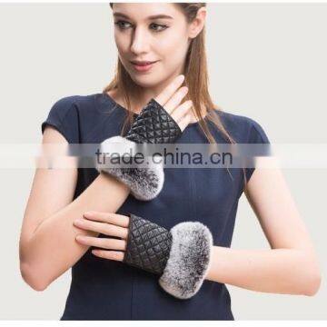 Fingerless Gloves Sheepskin gloves mittens With Rex Rabbit Fur Trim For Winter Lady