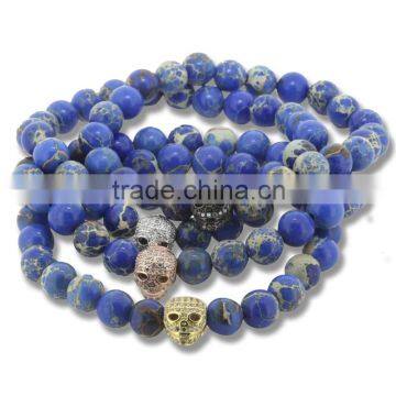 KJL-ST0007 2016 Handmade white CZ Natural Stone Skull Bracelets & Bangles Blue agate stone Beads Bracelets For Women Men Jewelry