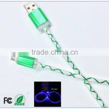 Wholesale durable glitters micro usb charging data cable with LED light for mobile phone