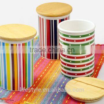 3 Sets Ceramic Canister With Wooden Lid,Stoneware With Decal photo-4
