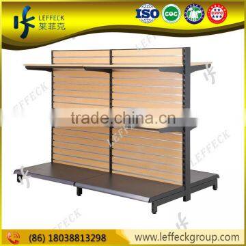 Double sides wood freestanding slatwall display stand with wheels