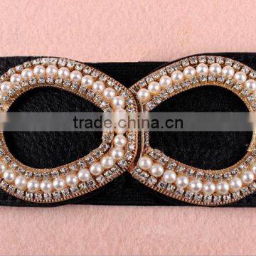 Wholesale Pearl and Rhinestone Inlaid Buckle Sex Women Lady Wide PU Waist Belt photo-4