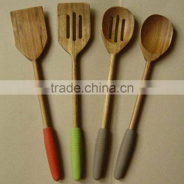Wood Utensils 4-Pieces Set, Made of Beech wood with Silicone sleeve Round Handle