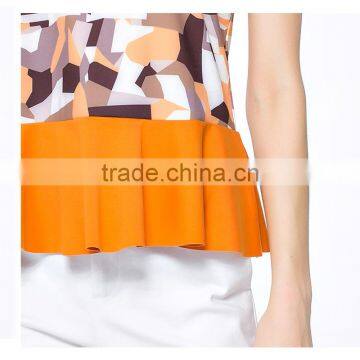 Promotional Top Quality Knitted Wear Popular Printed Ruffle Hem Model Women's Simple Blouse With Sleevless photo-3