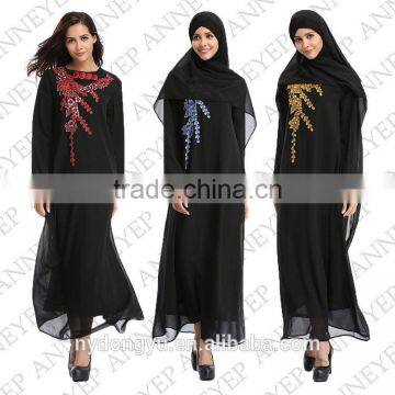 chiffon flower muslim dress/ jnj 3 Arabian middle east slamic fashionable abaya kaftan dresses/ black yellow red