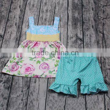 Wholesale summer pink girls boutique outfits 2pcs icing shorts clothing set rose print smocked dress set kids clothes cheap cute