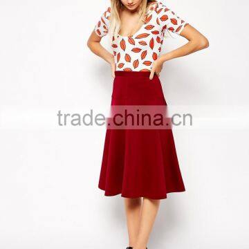 latest fashion new designed plain red longline midi skirt with peplum hem