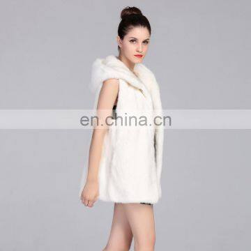 Wholesale fashiom white mink short fur vest with hood